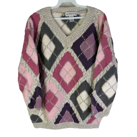 Vintage Sweaters - Vintage 80s Streetwear Hand Knit Diamond Argyle Rainbow Sweater